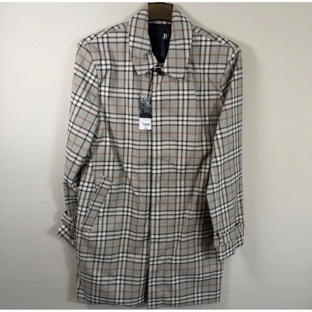 New J Ferrar Large Plaid Car Coat Water Resistant Brown Black NWT Preppy Classic